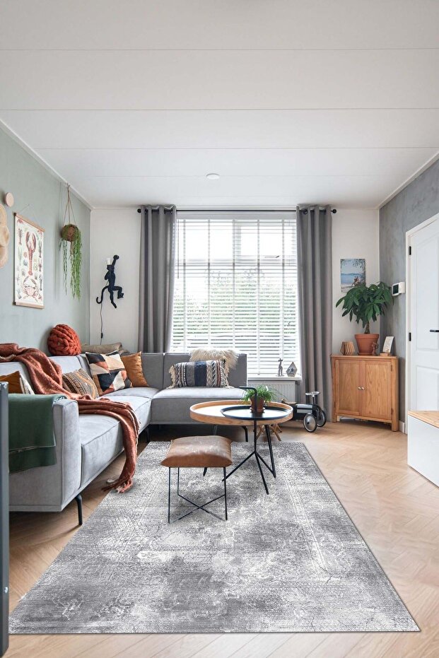 Kali Kadife Eko Desenli Pamuk Tabanlı Yıkanabilen Kaydırmaz Antibakteriyel Salon Halısı - 1