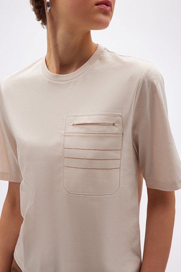 Cep Detaylı Basic Taş T-shirt - 2
