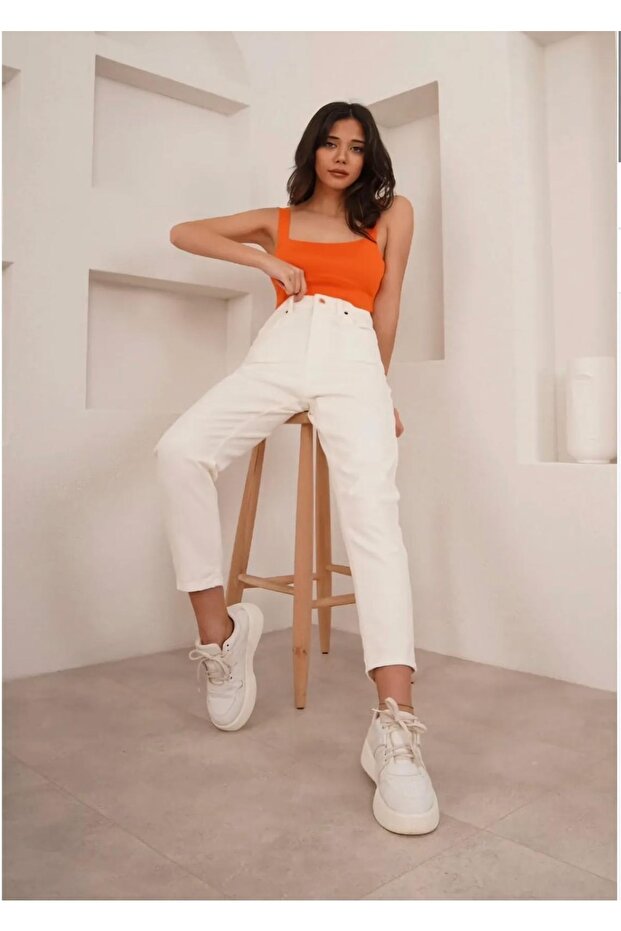 White Mom Jean High Waist Stretchy (Not Showing Inside) Sterk