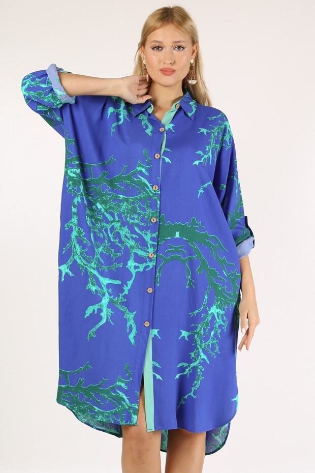 Italian Blue Shirt Collar 3/4 Sleeve Patterned Button Pocket Woven Dress