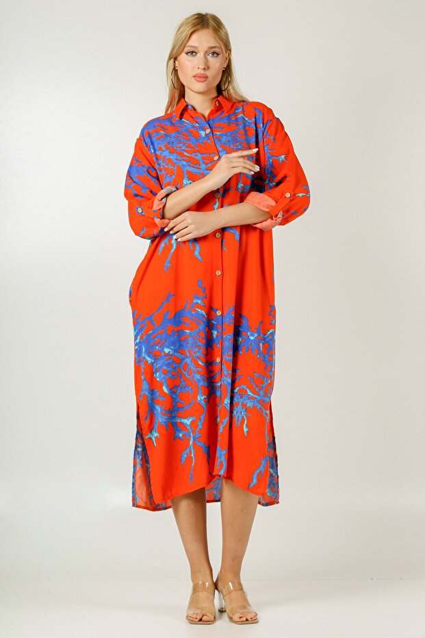 Italian Orange Shirt Collar 3/4 Sleeve Buttoned Woven Dress