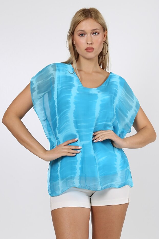 Italian Light Turquoise V-Neck Sleeveless Batik Chiffon Knitted Blouse