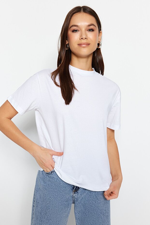 Pembe-Beyaz 2'li Paket %100 Pamuk Basic Dik Yaka Örme T-Shirt TWOSS20TS1500 - 5