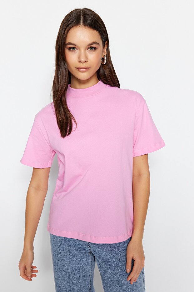 Pembe-Beyaz 2'li Paket %100 Pamuk Basic Dik Yaka Örme T-Shirt TWOSS20TS1500 - 2