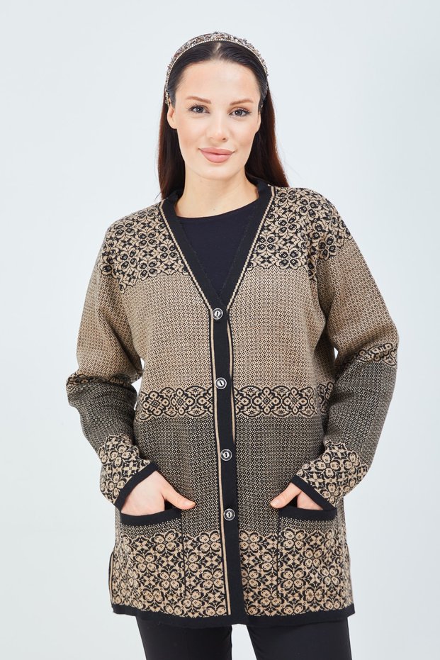 Women's Mink Patterned Knitwear Buttoned Pocket Winter Mother Cardigan