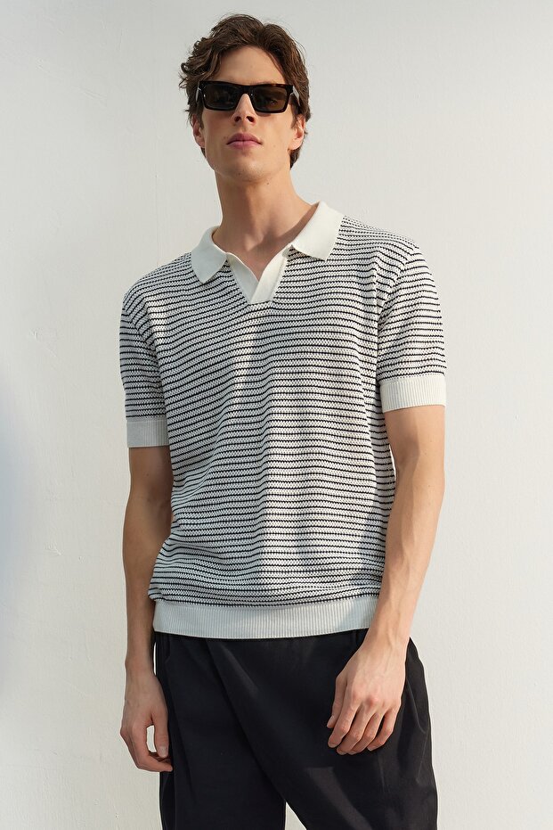 Lacivert Relaxed Kısa Kol Polo Yaka Triko T-shirt TMNSS23PO00026 - 1