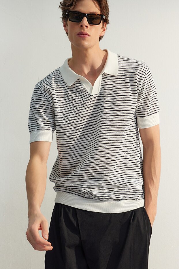 Lacivert Relaxed Kısa Kol Polo Yaka Triko T-shirt TMNSS23PO00026 - 3
