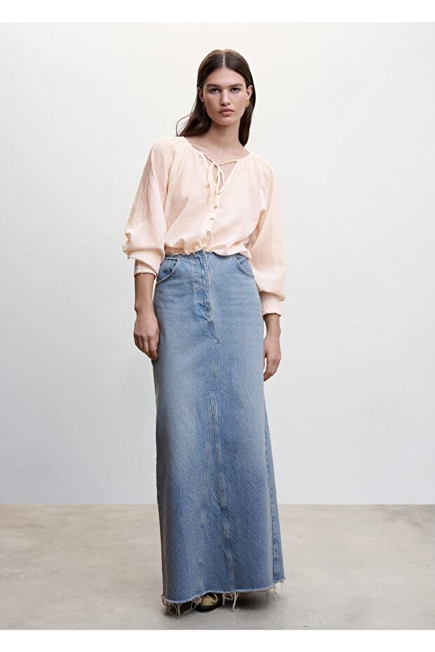 Düğmeli Dokuma Bluz - 2