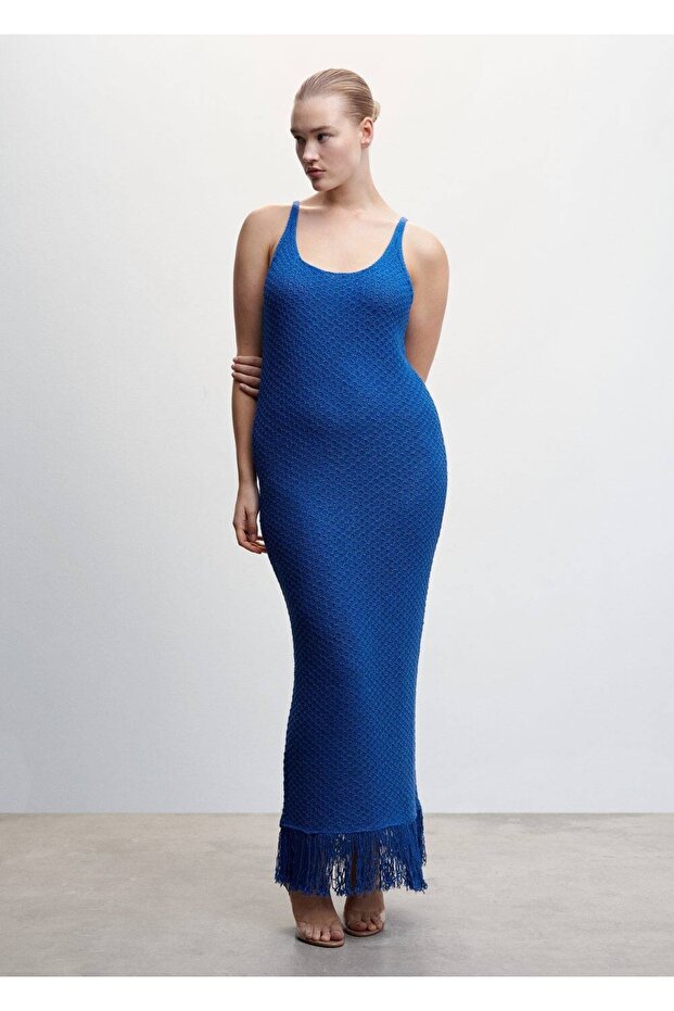 Püskül Detaylı Triko Elbise - 5