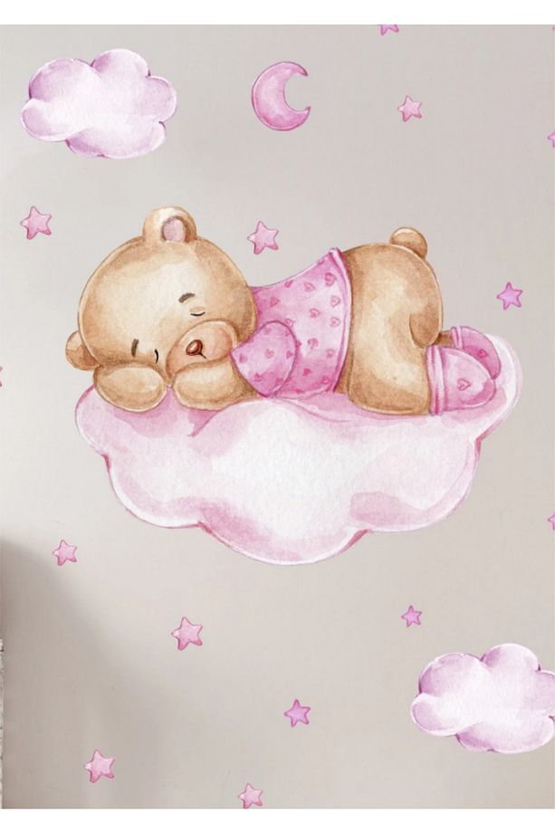 Pembe Pijamalı Ayıcık Bulut Yıldızlar Salon Yatak Odası Mutfak Balkon Ev Duvar Süsü Kağıdı Sticker - 2