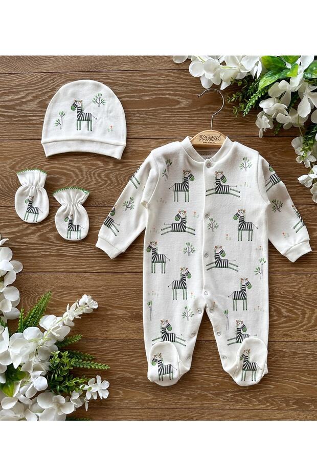 Organic Cotton 3-Piece Newborn Set with Gloves, Hat and Booties Baby Rompers Set Zebra