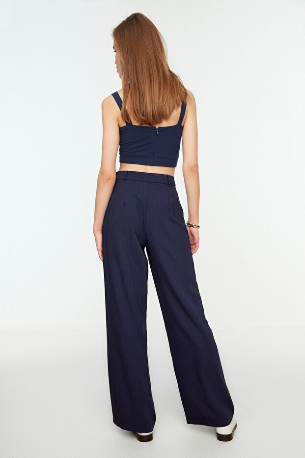 Lacivert Yüksek Bel Wide Leg/Geniş Paça Çizgili Dokuma Pantolon TWOSS22PL0100 - 6