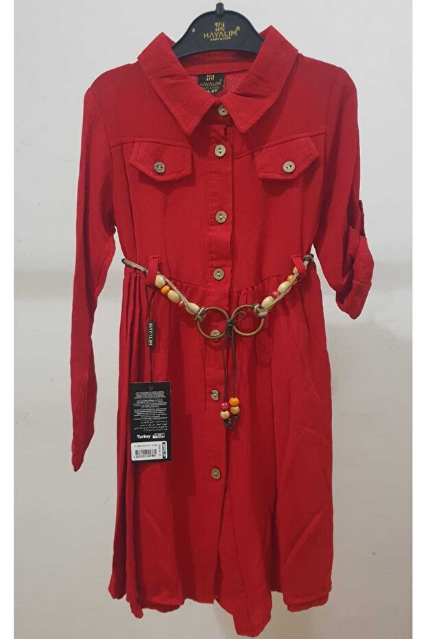 Girl's Red Color Long Folded Sleeve Dress