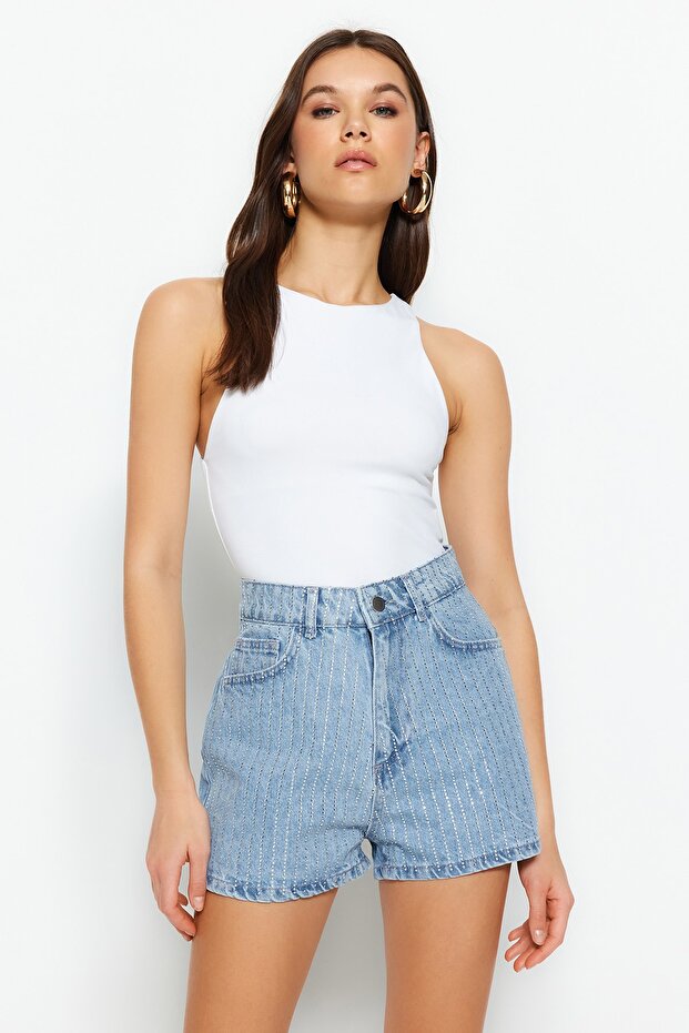 Mavi Taşlı Yüksek Bel Mini Denim Şort TWOSS23SR00191 - 1