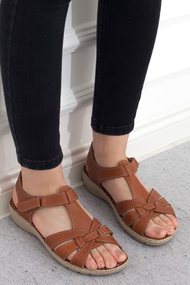 Women's Tan Genuine Leather Orthopedic Sandals