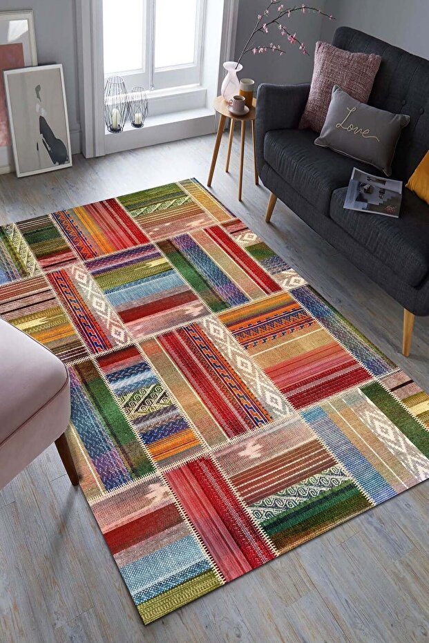 Bitsy Kadife Elit Desenli Pamuk Tabanlı Yıkanabilen Kaydırmaz Antibakteriyel Salon Halısı - 3