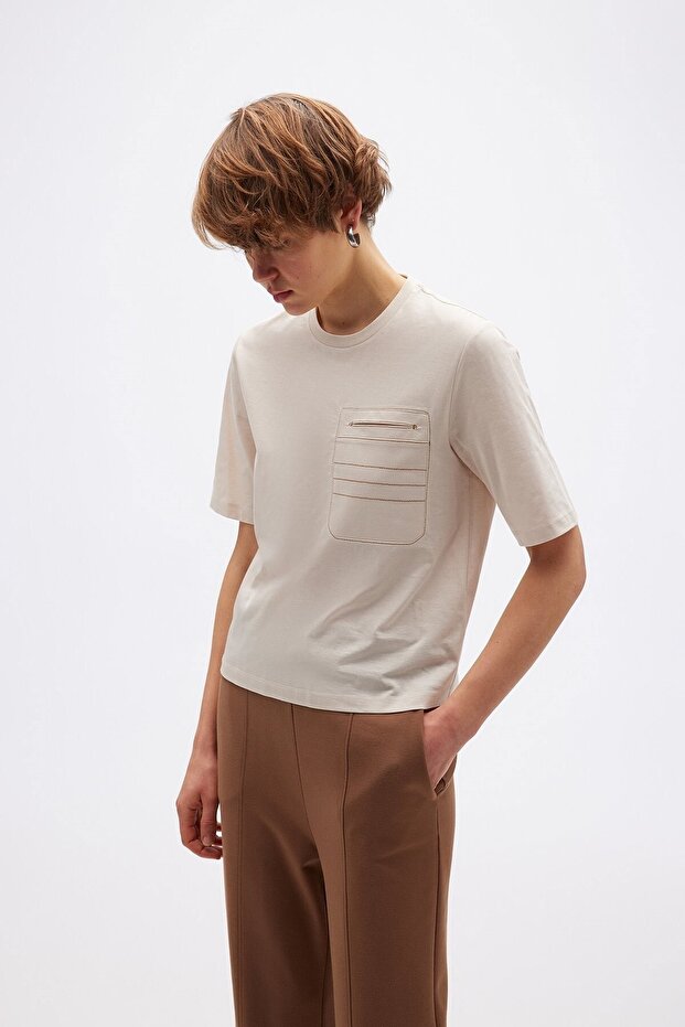 Cep Detaylı Basic Taş T-shirt - 5