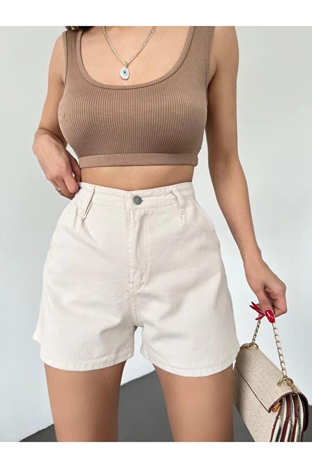 Yüksek Bel Geniş Paça Pileli Cepli Kot Şort Bej - 1