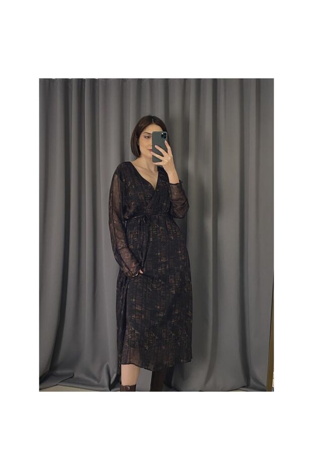 Acı Kahve Şifon Elbise - 1