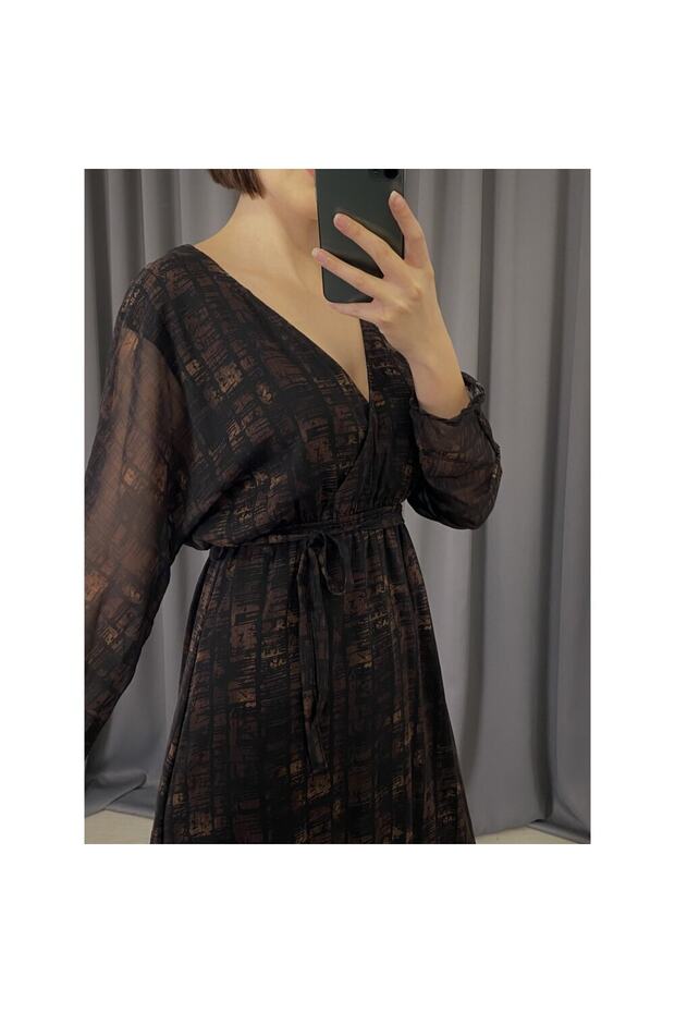 Acı Kahve Şifon Elbise - 3