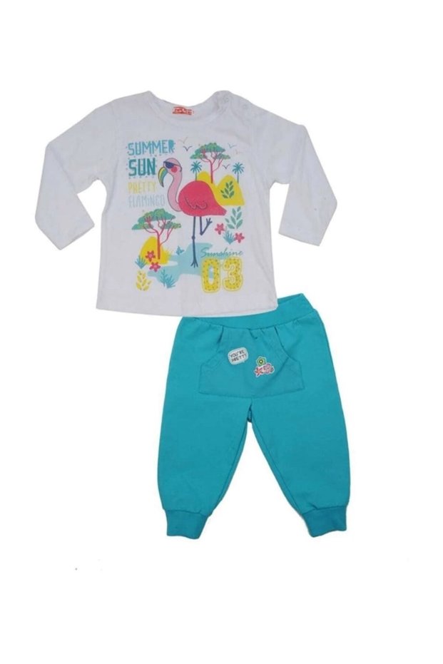 Girl's Baby 100% Cotton Cotton White Color Blouse Blue Color Trousers Filamingo Bottom Top 2 Pieces Set
