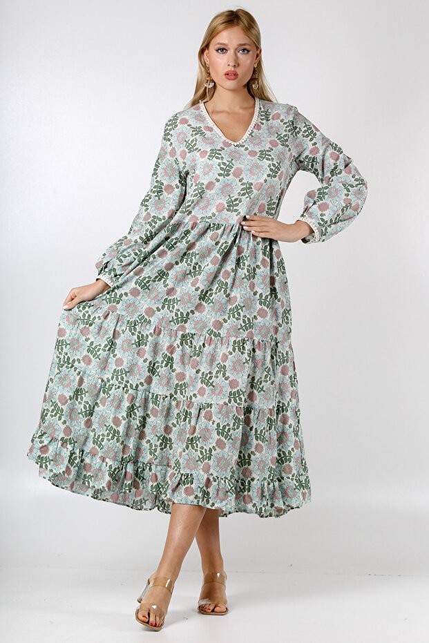 Italian Light Green V-Neck Long Sleeve Floral Ruffled Hem Woven Dress