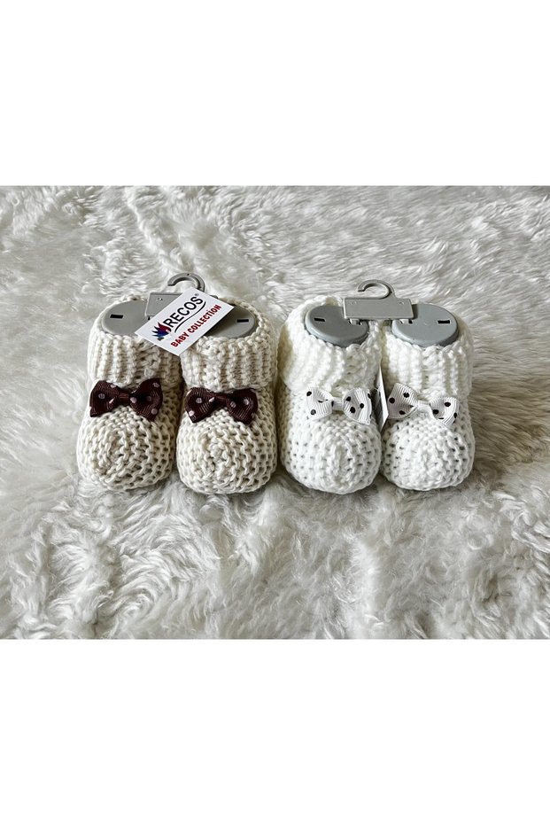 Light Brown and Cream Double Ribbon Knitwear Baby Boy Girl Booties