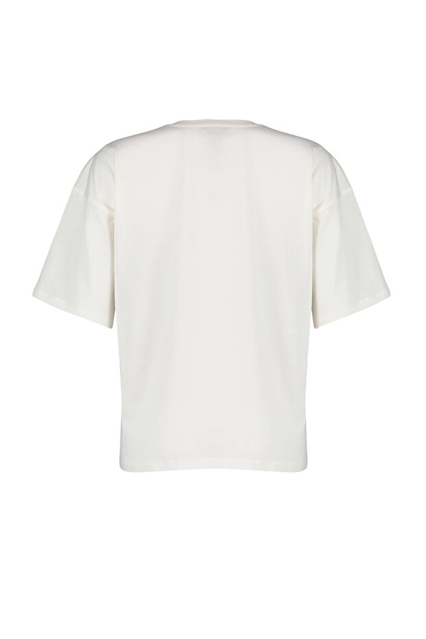 Ekru %100 Pamuk Baskılı Relaxed/Geniş Rahat Kesim Bisiklet Yaka Örme T-Shirt TWOSS23TS00267 - 8