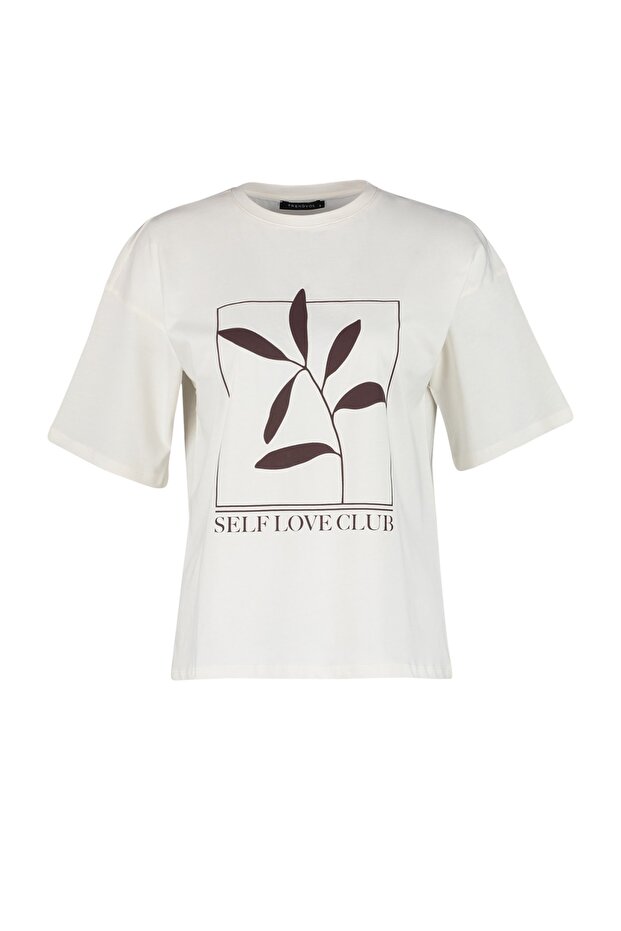 Ekru %100 Pamuk Baskılı Relaxed/Geniş Rahat Kesim Bisiklet Yaka Örme T-Shirt TWOSS23TS00267 - 6