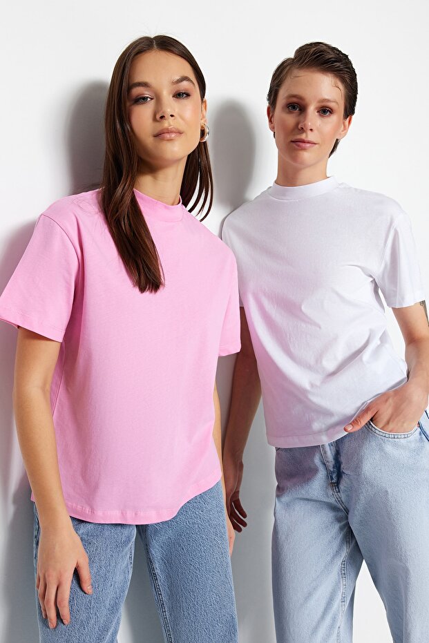 Pembe-Beyaz 2'li Paket %100 Pamuk Basic Dik Yaka Örme T-Shirt TWOSS20TS1500 - 1