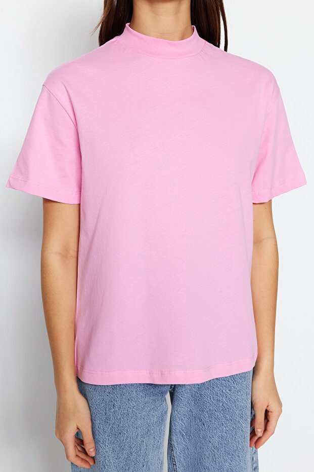 Pembe-Beyaz 2'li Paket %100 Pamuk Basic Dik Yaka Örme T-Shirt TWOSS20TS1500 - 3