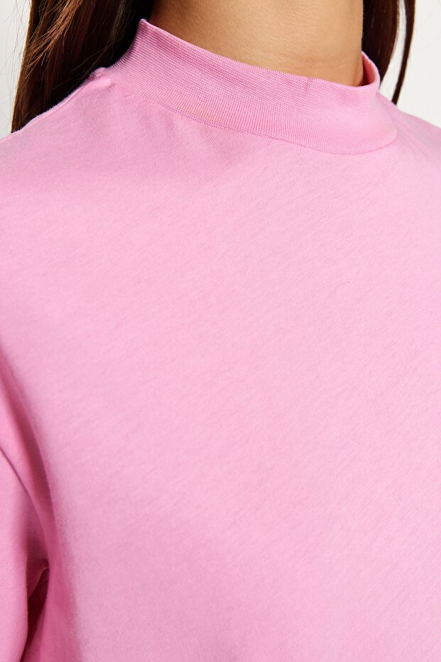 Pembe-Beyaz 2'li Paket %100 Pamuk Basic Dik Yaka Örme T-Shirt TWOSS20TS1500 - 4