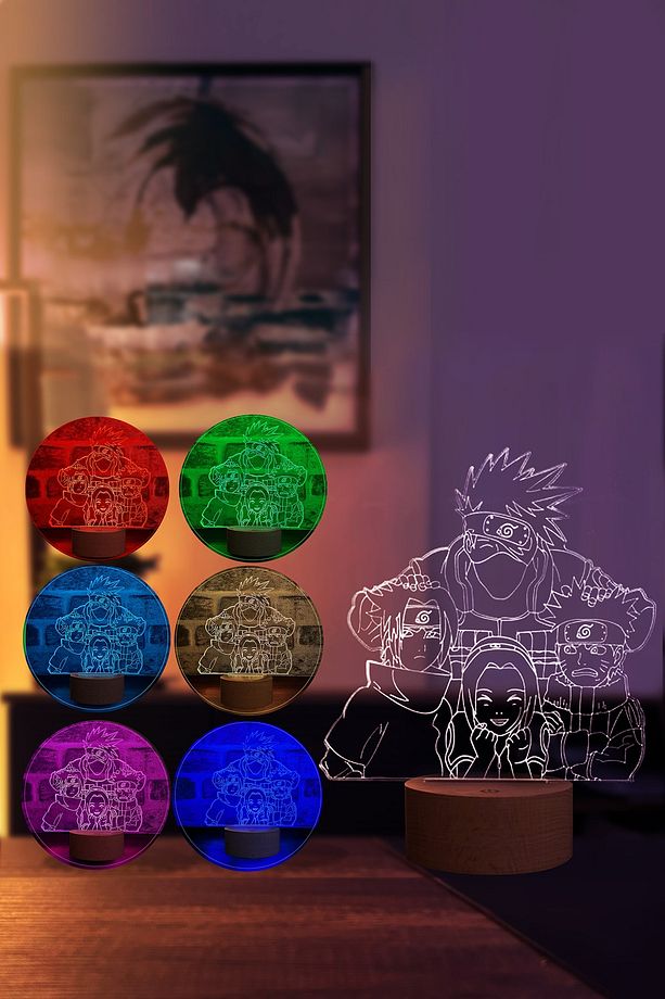 Naruto Kakashi Team 7 Figürlü Dekoratif Hediye Led Masa Lambası | 7 Işık Rengi | Ahşap Taban - 2