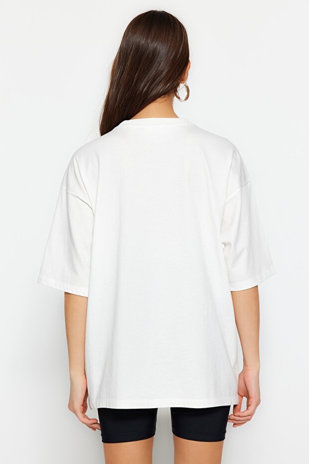 Ecru 100 % dicke Baumwolle, Oversize/Schnitt in weiter Passform, gestricktes T-Shirt mit Rundhalsausschnitt TWOSS23TS00040 - 5