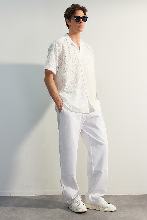 Beyaz Loose Fit Etiket Detaylı Pantolon TMNSS23PL00038 - 4