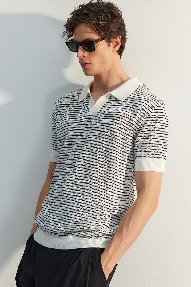 Lacivert Relaxed Kısa Kol Polo Yaka Triko T-shirt TMNSS23PO00026 - 4