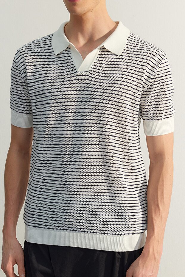 Lacivert Relaxed Kısa Kol Polo Yaka Triko T-shirt TMNSS23PO00026 - 6