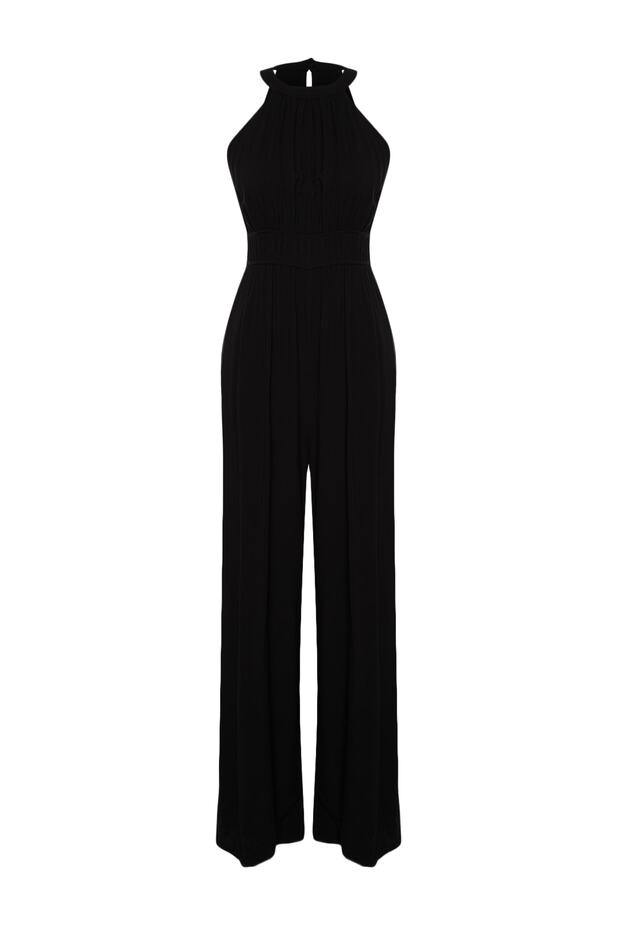 Siyah Beli Büzgü Detaylı Geniş Paça Maxi Dokuma Tulum TWOSS23TU00121 - 10