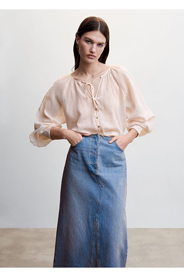 Düğmeli Dokuma Bluz - 1