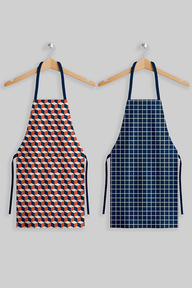 Ays Home Navy Blue Orange Checkered Kitchen Apron Set of 2