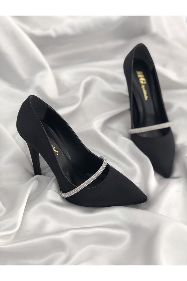 Black Satin Stone Belted Stiletto