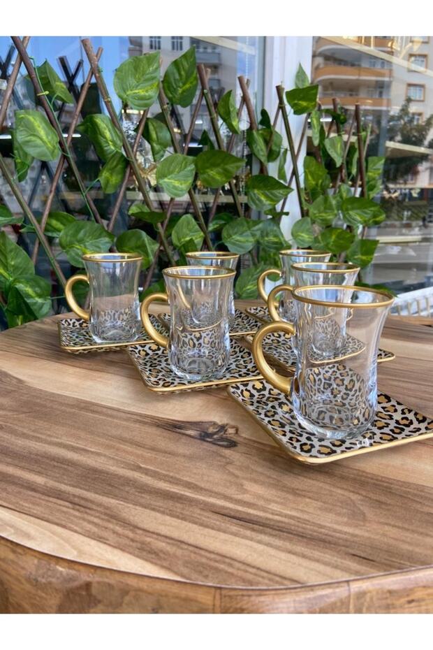 Leopar Desen Kare Kulplu Çay Seti. - 1