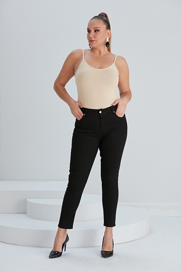 Plus Size Black Cotton Summer Trousers 1547
