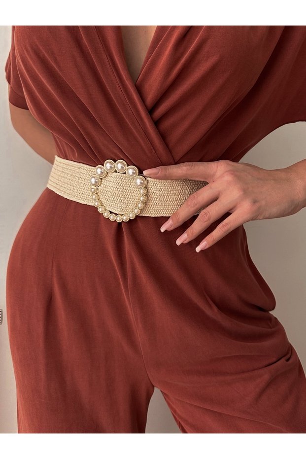 Straw Elastic Women's Belt with Pearl Buckle, Jacket Belt, Dress Belt, Shirt Belt