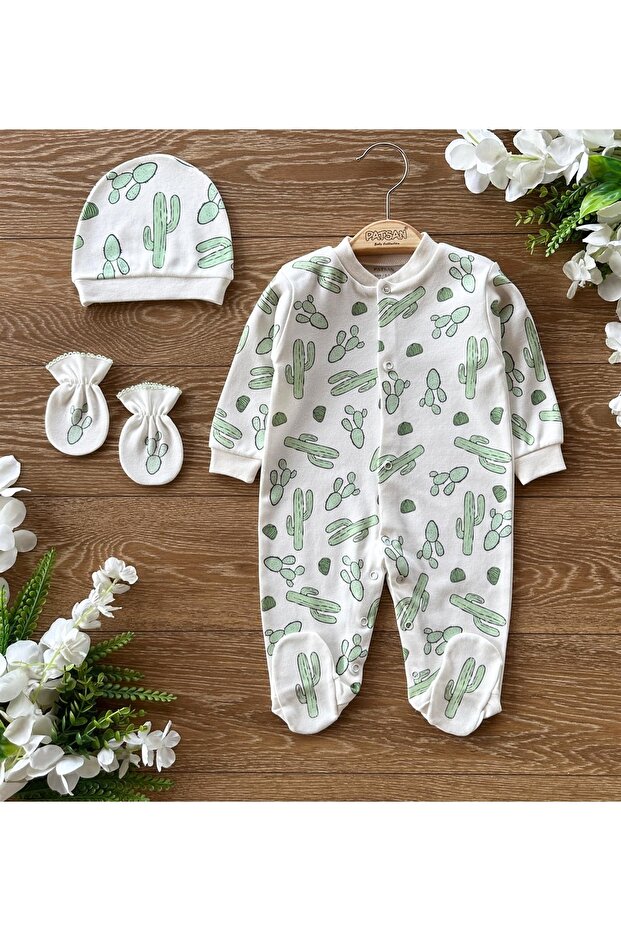 Organic 3-Piece Newborn Hospital Release Set with Gloves and Hat and Booties Baby Rompers Set Cactus