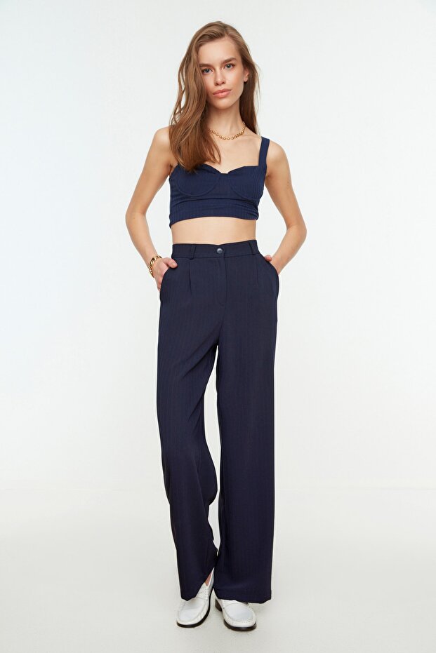 Lacivert Yüksek Bel Wide Leg/Geniş Paça Çizgili Dokuma Pantolon TWOSS22PL0100 - 2