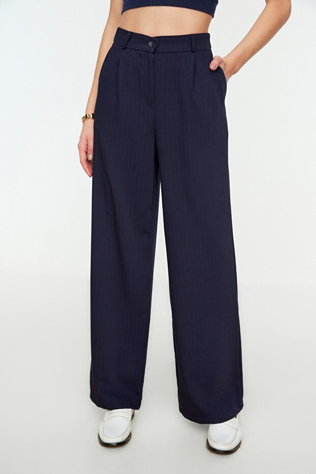 Lacivert Yüksek Bel Wide Leg/Geniş Paça Çizgili Dokuma Pantolon TWOSS22PL0100 - 5