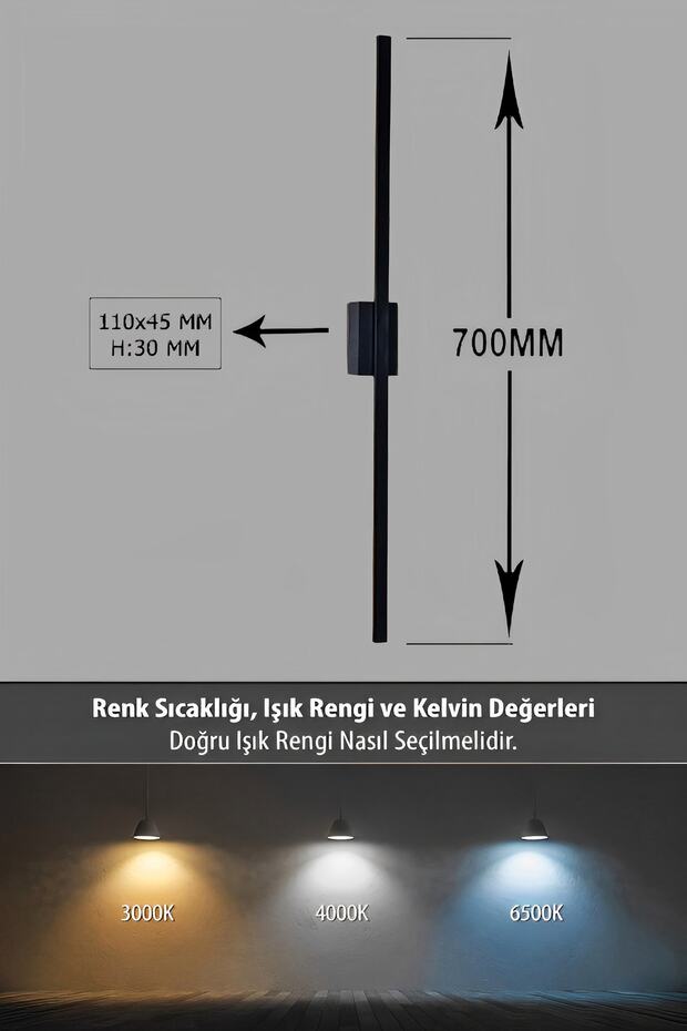 70 cm Black Sword Led Wall Sconce - 3000K Yellow Light, Rectangular Rosace - 8