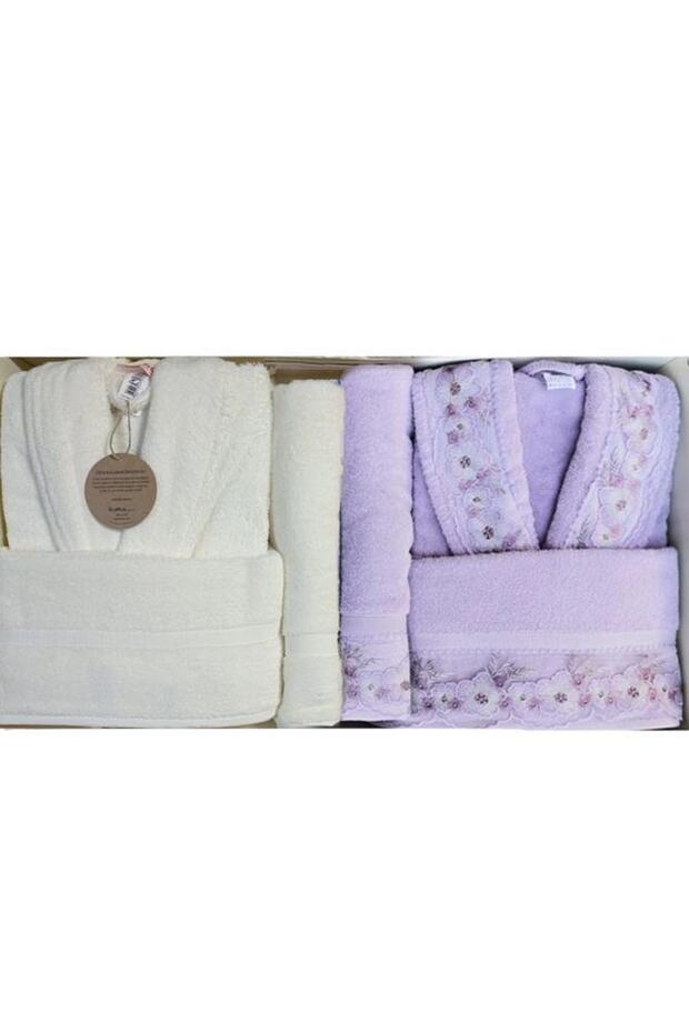 طقم روب الحمام Ofelya Family Set كريم مزدوج - ليلك
