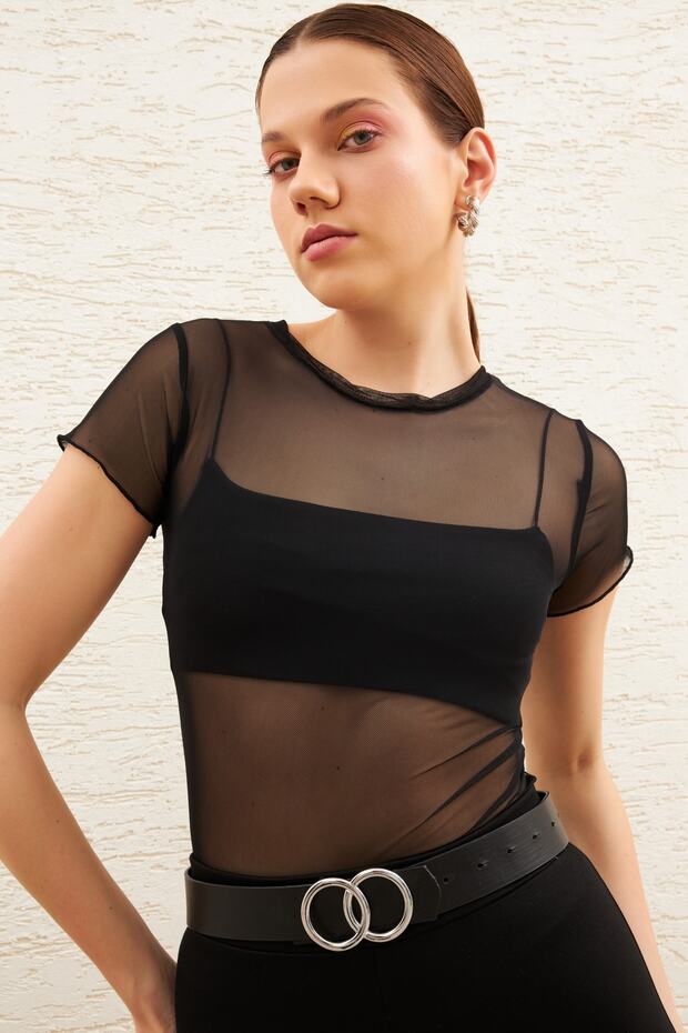 Women's Black Crew Neck Short Sleeve Baby Overlock Detailed Tulle Transparent Blouse